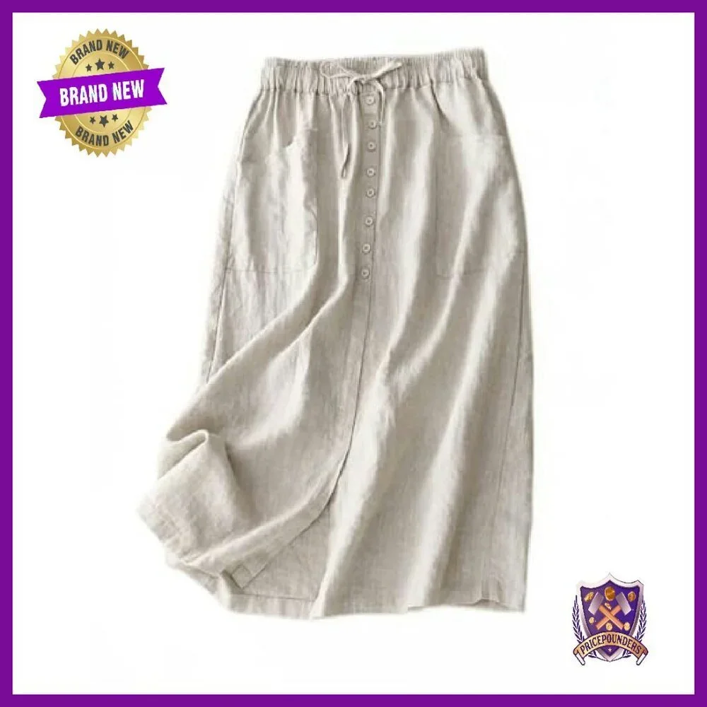 Linen Blend A-Line Midi Skirt High Waist Drawstring Slit Pockets